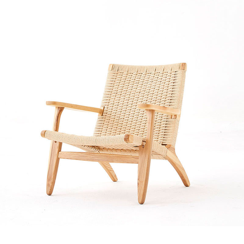 nature wood frame hotel armchair with linen rope finish seat and back